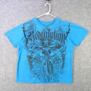 Carbon Black Redemption Shirt Mens Large Blue Graphic Cross Wings Roses All Over